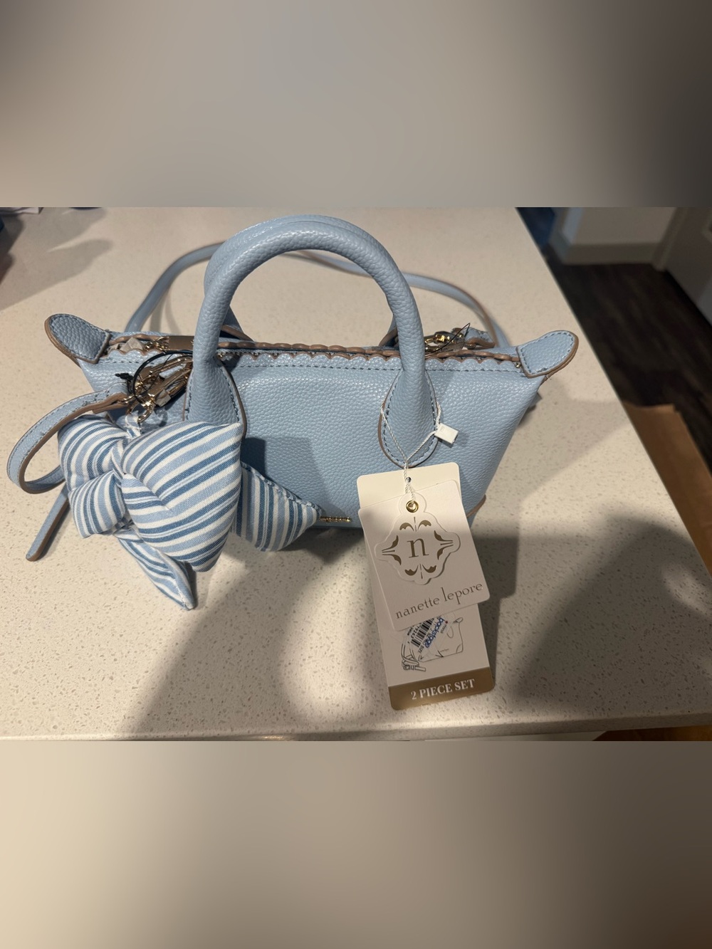 NWT Narette Lepore Light Blue Mini Satchel Handbag with Bow Charm